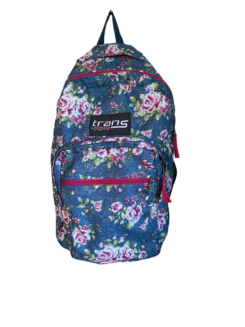 Trans By Jansport Backpack Floral Roses Blue Denim Pink